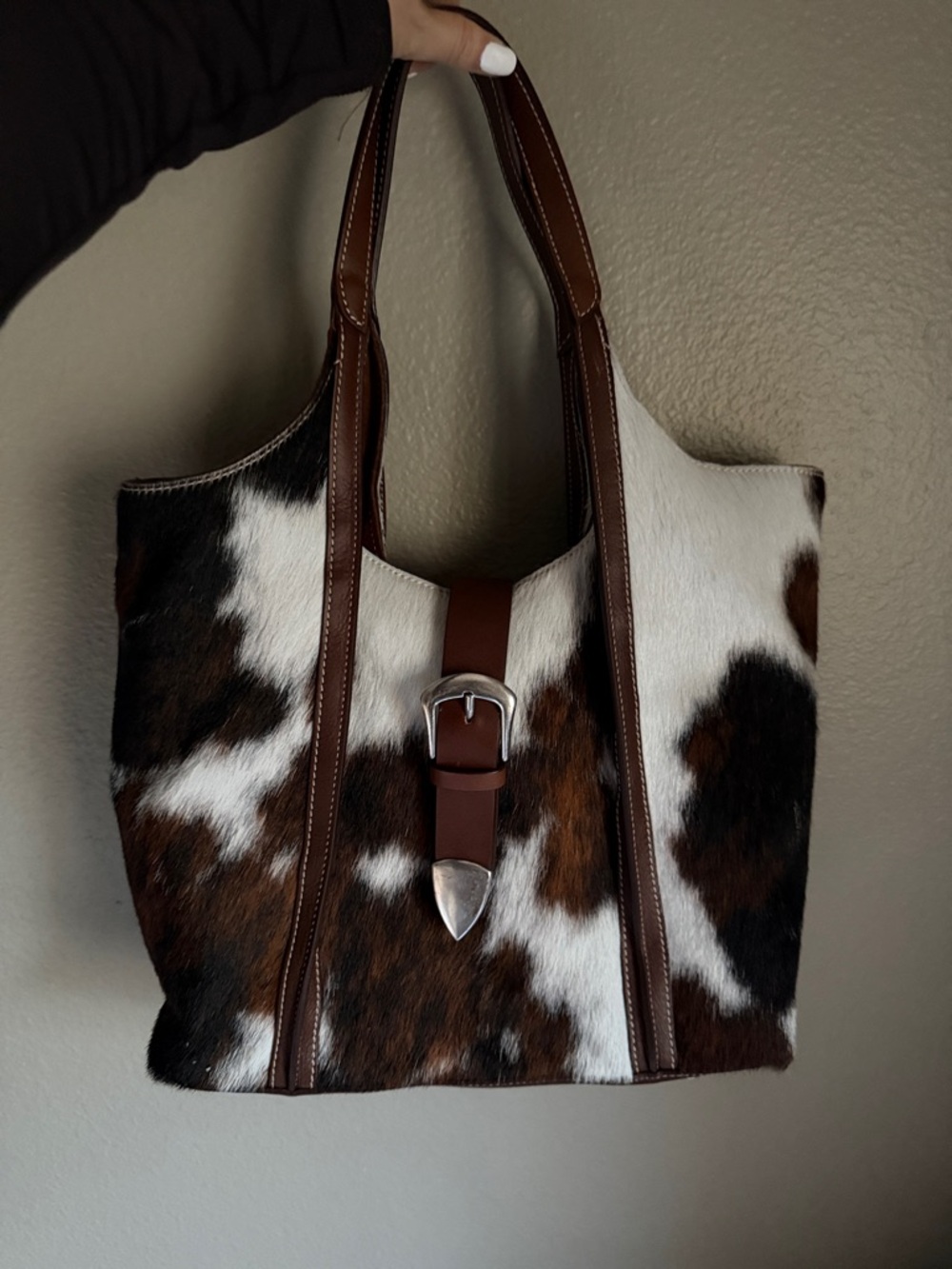 Cowhide Leather Tote Bag with Buckle Accent - Brown/White